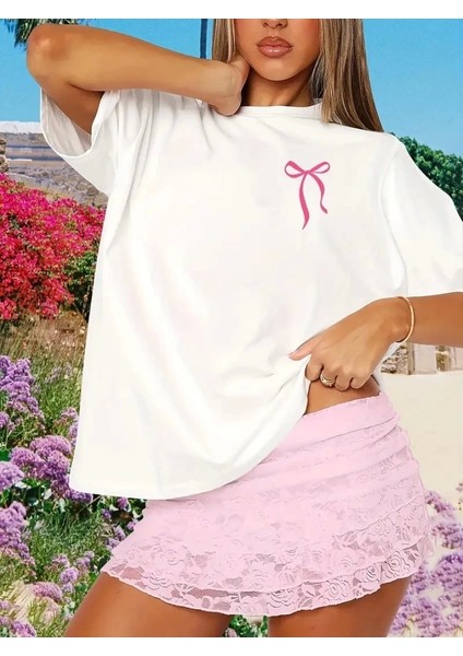 Fiyonk Baskılı Oversize Bisiklet Yaka T-Shirt - Beyaz fiyatları