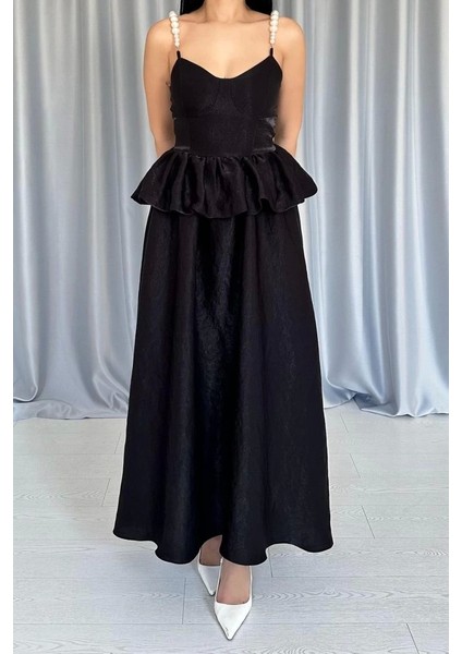 Siyah Beli Büzgülü Inci Askılı Uzun Elbise modelleri