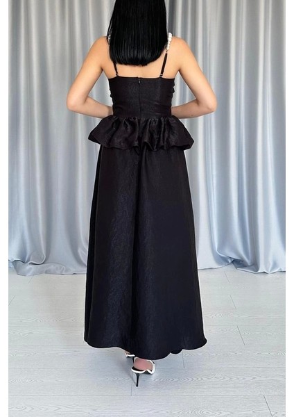 Siyah Beli Büzgülü Inci Askılı Uzun Elbise fırsatları