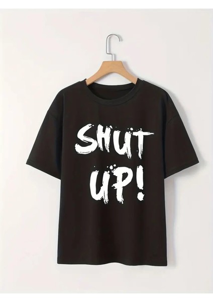 Baskılı Oversize Bisiklet Yaka T-Shirt - Siyah