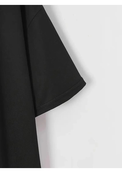 Baskılı Oversize Bisiklet Yaka T-Shirt - Siyah modelleri