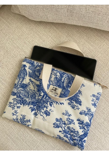 El Yapımı Mavi Toile De Jouy Desenli 11 Inç Tablet Çantası modelleri