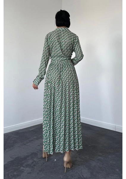 Desenli Viskon Gömlek ve Etek Takım - Yeşil modelleri