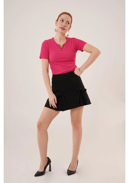 Kısa Kollu Yaka Detaylı Kaşkorse Fuşya Bluz fiyatları