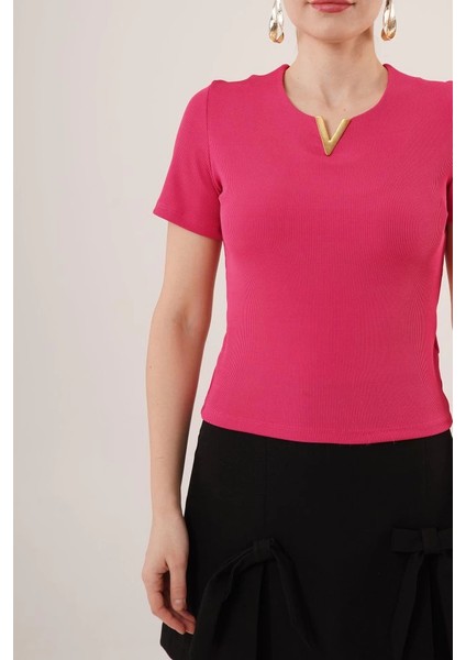 Kısa Kollu Yaka Detaylı Kaşkorse Fuşya Bluz modelleri