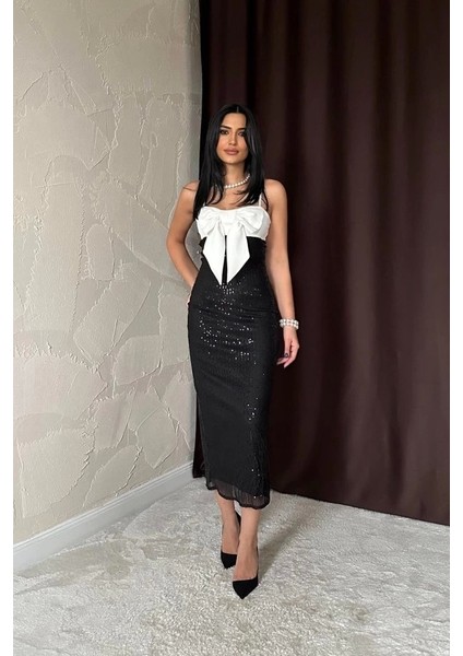 Siyah Önü Fiyonklu Garnili Elbise fırsatları