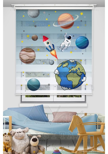 Uzay Gezegen Basklı Çocuk Odası Perdesi - Güneş Sitemi - Dijital Baskılı Zebra Stor Perde