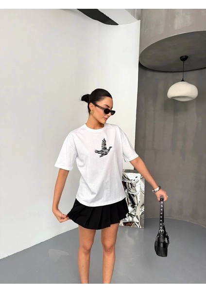 Kısa Kol Baskılı T-Shirt - Beyaz modelleri