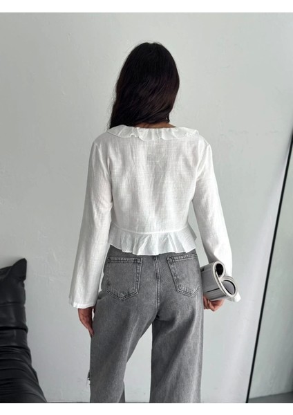 Keten Uzun Kol Bağacık Detaylı Bluz - Beyaz fiyatları