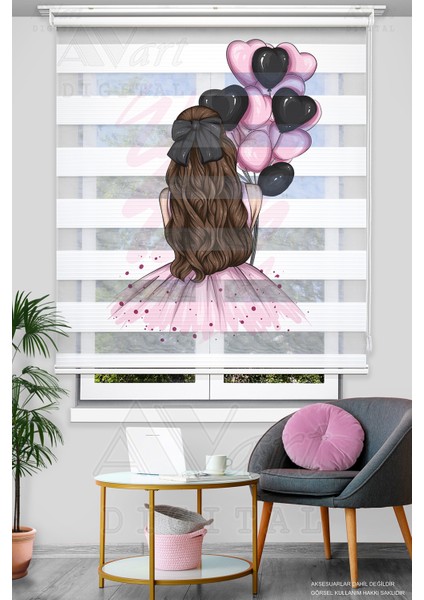 Kalpli Balonlar ve Prenses Baskılı Zebra Stor Perde - Pembe Siyah Balonlu Genç Odası Perdesi