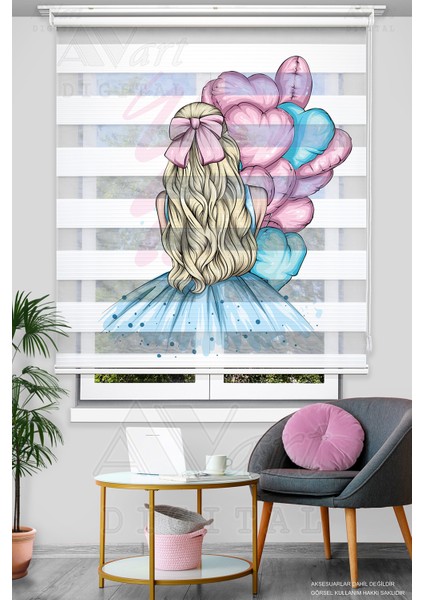 Kalpli Balonlar ve Prenses Baskılı Zebra Stor Perde - Pembe Balonlu Genç Odası Perdesi