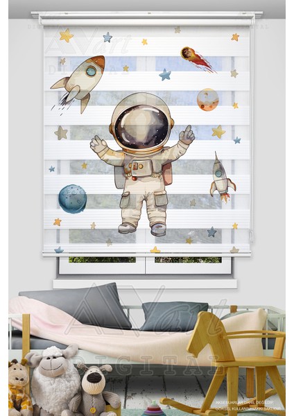 Uzay ve Astronot Baskılı Çocuk Odası Perdesi - Gezegen Baskılı Zebra Stor Perde
