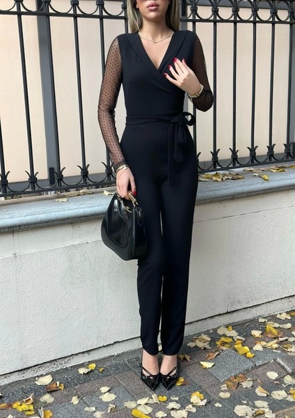 Krep Kumaş Kol Tül Puan Detaylı Kuşaklı Tulum 141 cm indirimleri