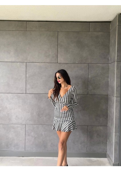 Kadın Uzun Kollu Kruvaze Yaka Kazayağı Mikro Mini Boy Elbise fiyatları