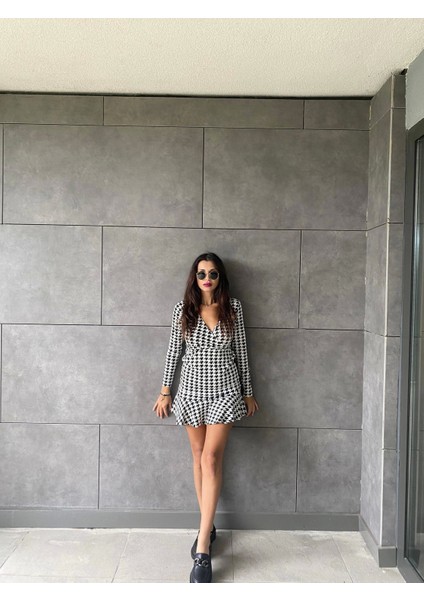 Kadın Uzun Kollu Kruvaze Yaka Kazayağı Mikro Mini Boy Elbise fırsatları