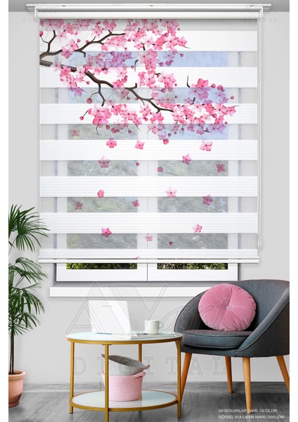 Japon Kiraz Çiçeği Desenli Dijital Baskılı Zebra Stor Perde - Genç Odası Perdesi - Mutfak Perdesi