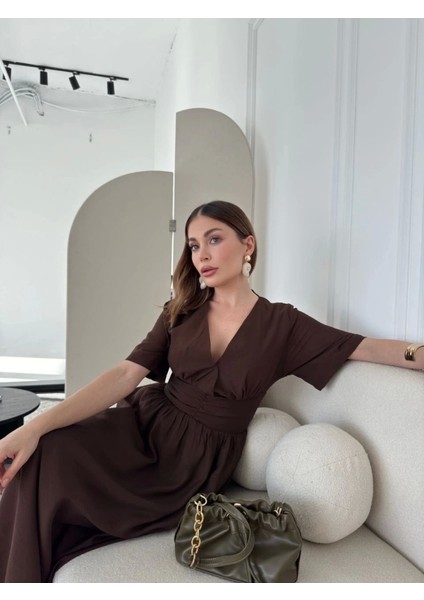 Kısa Kollu Uzun Elbise - Kahve