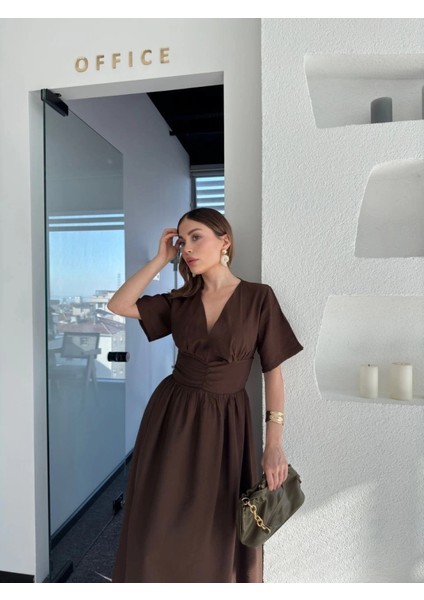 Kısa Kollu Uzun Elbise - Kahve fırsatları