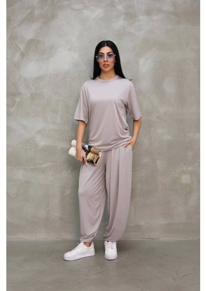 Osy Modal Yumuşak Dokulu Kumaş Oversize Bisiklet Yaka T-Shirt Jogger Eşofman Altı Eşofman Takımı - Gri