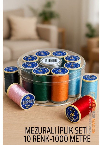 Dikiş Ipliği Seti - 10 Renk 1000 mt Kutulu Mezuralı Dikiş Seti 722075