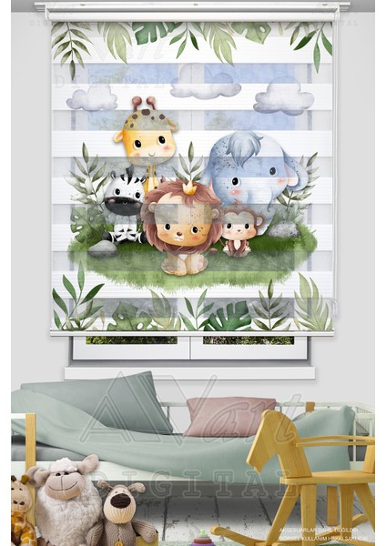 Safari Sevimli Hayvanlar Baskılı Zebra Stor Perde - Çocuk Odası Perdesi - Animals