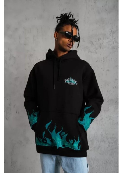 Erkek Üç Iplik Içi Pamuklu Alev Baskılı Kapüşonlu Sweatshirt - Siyah fiyatları