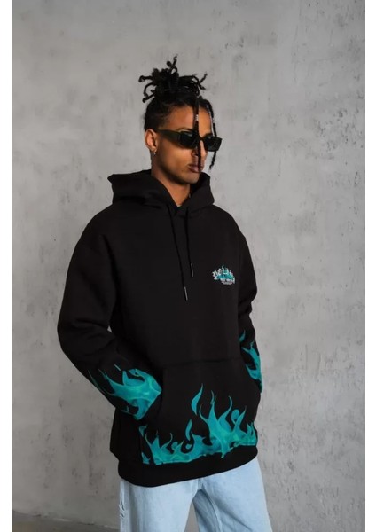 Erkek Üç Iplik Içi Pamuklu Alev Baskılı Kapüşonlu Sweatshirt - Siyah modelleri