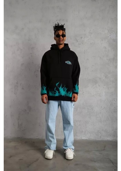 Erkek Üç Iplik Içi Pamuklu Alev Baskılı Kapüşonlu Sweatshirt - Siyah fırsatları