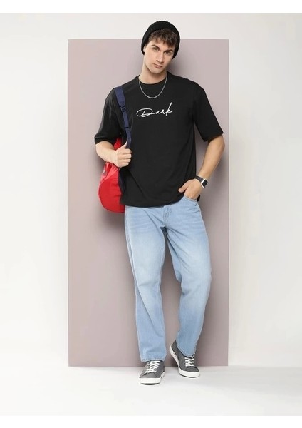 Erkek Baskılı Oversize T-Shirt - Siyah