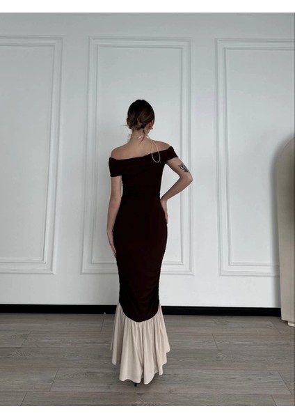 Striptiz Omuzlu Uzun Elbise- Kahve fiyatları