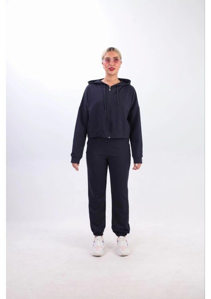 Iki Iplik Kapüşonlu Fermuarlı Crop Oversize Hırka Takım- Lacivert fiyatları