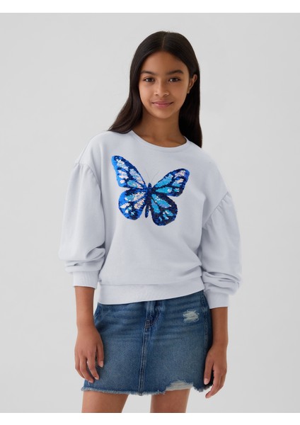 Kız Çocuk Mavi Relaxed Flippy-Sequin Grafikli Fransız Havlu Kumaş Sweatshirt