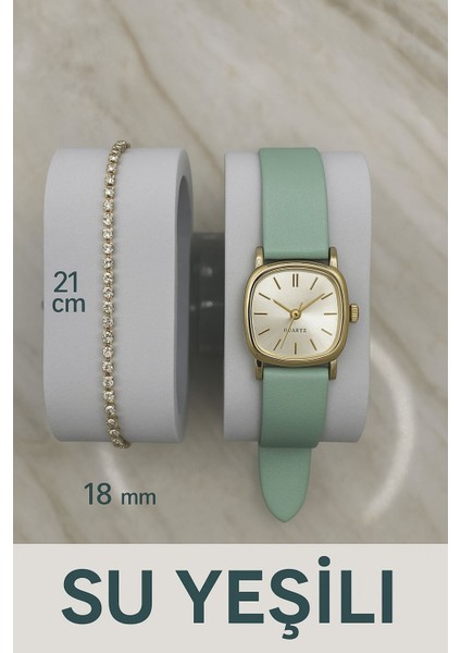 Su Yeşili Kordon Retro Still Marka Model Vintage Oval Suyolu Bileklikli Gold Kasa Kadın Kol Saati 0021