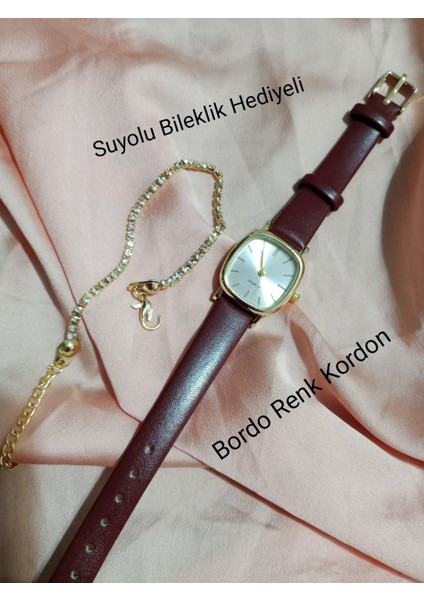 Retro Still Marka Model Vintage Oval Bileklikli Gold Kasa - Bordo Kordon Kadın Kol Saati 0021