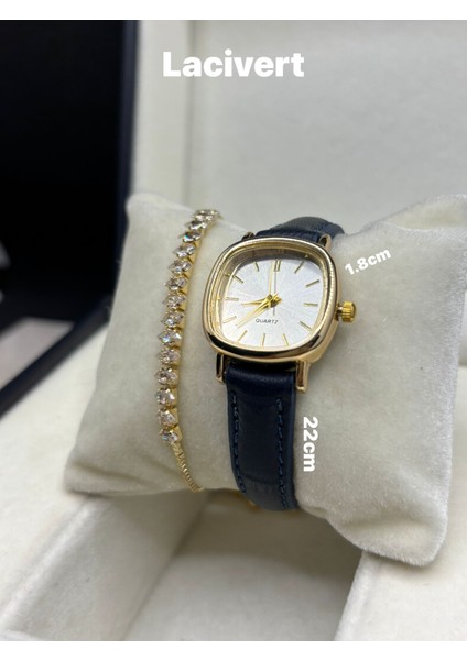 Marka Model Retro Still Vintage Oval Suyolu Bileklik Gold Kasa - Hakiki Deri Lacivert Kordon Kadın Kol Saati 0021