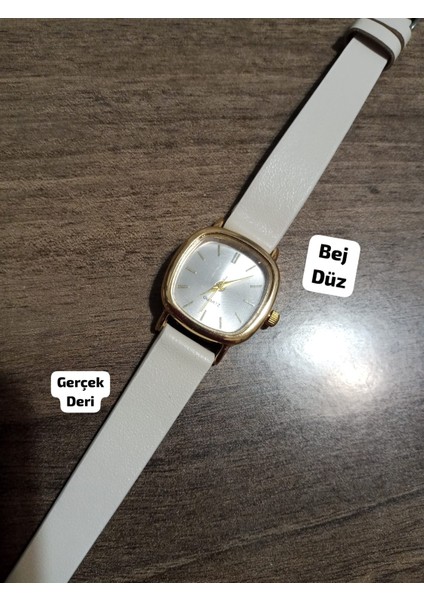 Gold Kasa Retro Still Marka Model Vintage Oval - Hakiki Deri Bej Kordon Kadın Kol Saati 0021