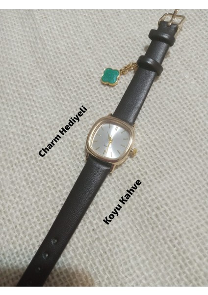 Koyu Kahve Kordon Retro Still Marka Model Vintage Oval Charmlı Gold Kasa Kadın Kol Saati 0021