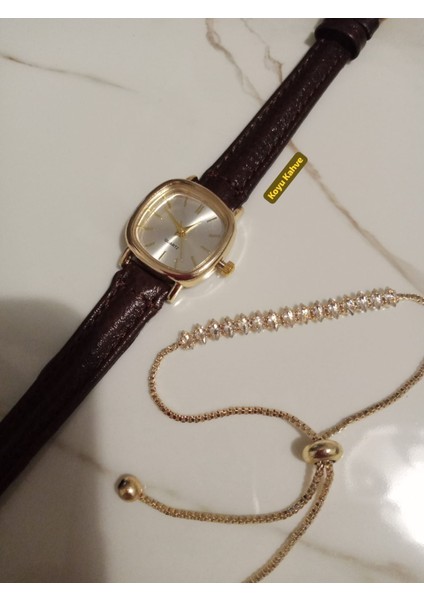 Marka Model Retro Still Vintage Oval Suyolu Bileklik Gold Kasa - Koyu Kahve Kordon Kadın Kol Saati 0021