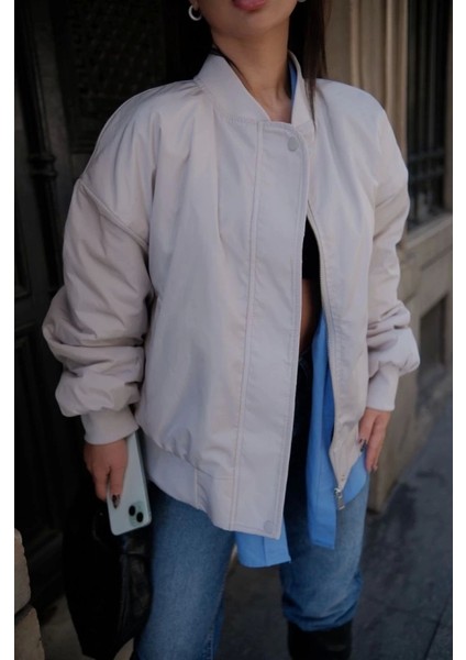 Cepli Bomber Ceket Mont - Beyaz