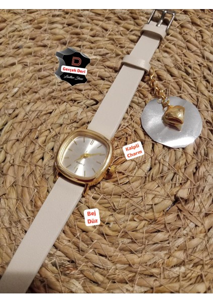 Bej Kordon Retro Still Marka Model Vintage Oval Charmlı Gold Kasa Kadın Kol Saati 0021