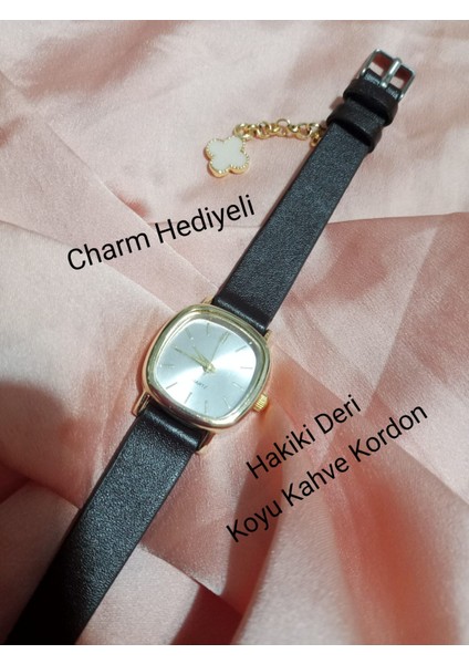 Gold Kasa Retro Still Marka Model Vintage Oval - Charmlı- Koyu Kahve Kordon Kadın Kol Saati 0021