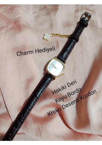 Vintage Retro Still Marka Model Oval Charmlı Gold Kasa - Bordo Kordon Kadın Kol Saati 0021