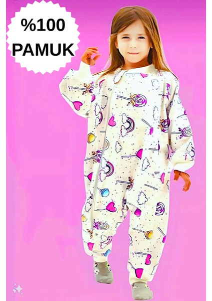 Kışlık Uzun Kollu Çift Kat Organik Pazen %100 Pamuk Lolipop Çocuk Bebek Uyku Tulumu