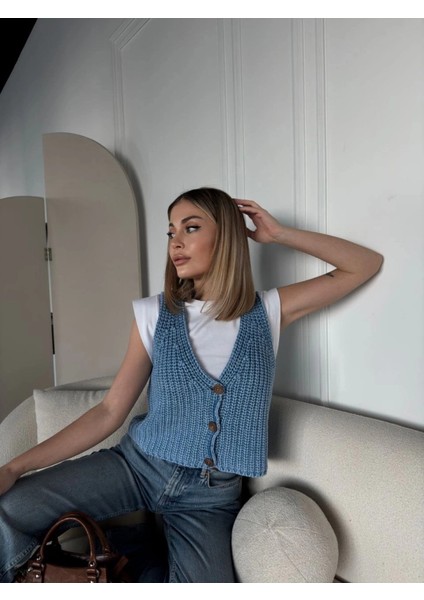 Triko Kolsuz Düğmeli Yelek - Mavi modelleri