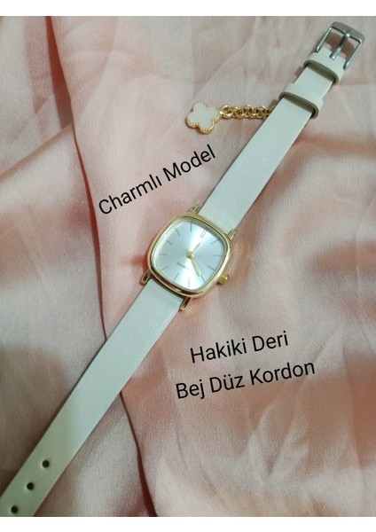 Vintage Retro Still Marka Model Oval Charmlı Gold Kasa - Bej Kordon Kadın Kol Saati 0021