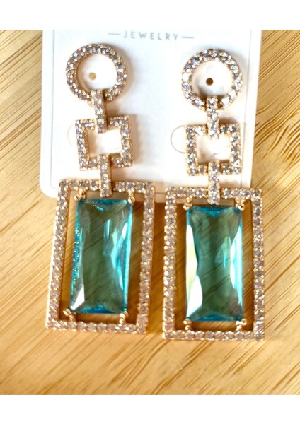 Gold Renk Mavi Taşlı Sallantılı Figürlü Lüks Abiye Küpe