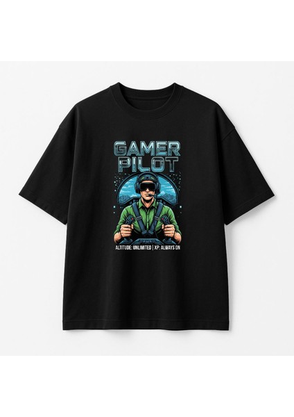 Gamer Pilot Baskılı Unisex Bisiklet Yaka Pamuk Oversize T-Shirt