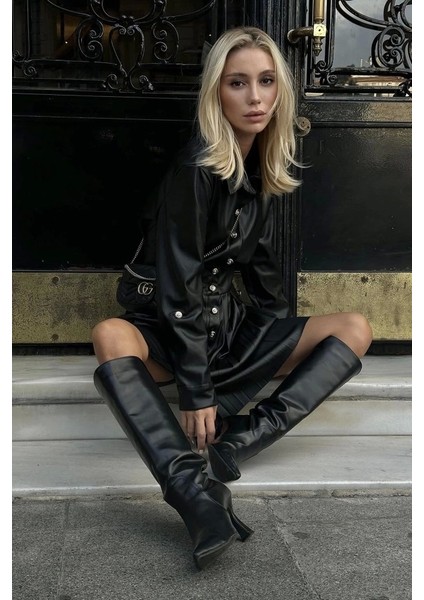 Siyah Piliseli Deri Elbise fiyatları