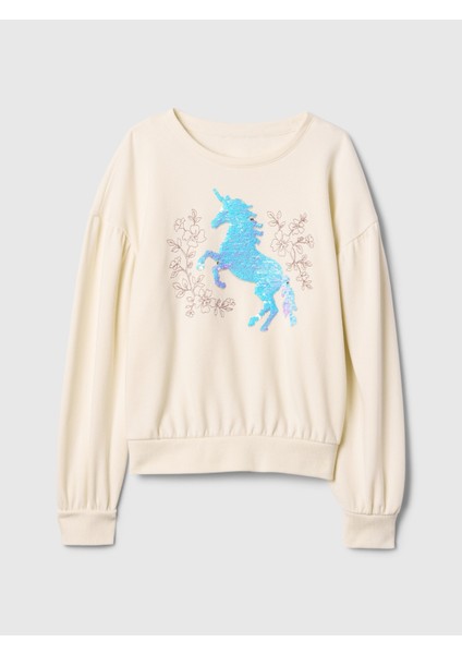Kız Çocuk Kırık Beyaz Relaxed Flippy-Sequin Grafikli Fransız Havlu Kumaş Sweatshirt fiyatları