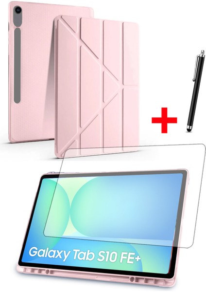 Samsung Tab S10 FE Plus 13,1” Uyumlu Tri-Folding Kalem Bölmeli Standlı Kılıf Ekran Koruyucu Kalem Set